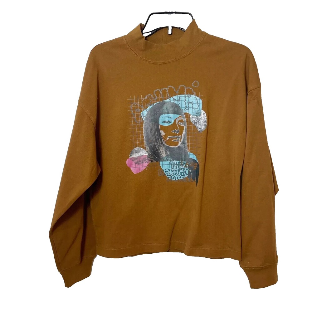 Uniqlo TNF Long Sleeve Mock Neck Pullover Sweatshirt Womens S Brown Ribbed Face